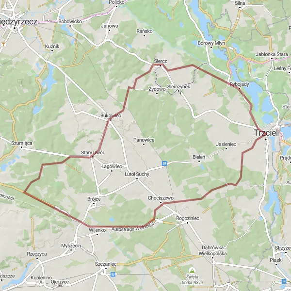 Map miniature of "Gravel Adventure through Trzciel and Beyond" cycling inspiration in Lubuskie, Poland. Generated by Tarmacs.app cycling route planner