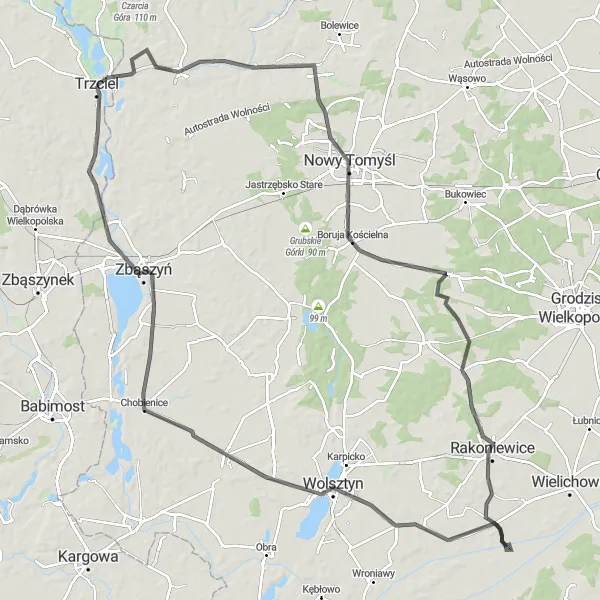 Map miniature of "Trzciel to Zbąszyń Circuit" cycling inspiration in Lubuskie, Poland. Generated by Tarmacs.app cycling route planner