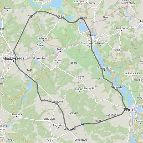 Miniatura mapy "Szlak Rowerowy do Pszczew" - trasy rowerowej w Lubuskie, Poland. Wygenerowane przez planer tras rowerowych Tarmacs.app