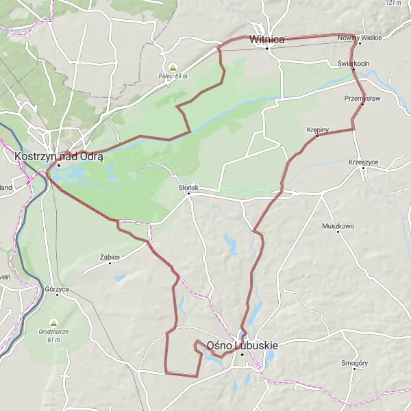 Miniatura mapy "Trasa szutrowa wokół Witnicy" - trasy rowerowej w Lubuskie, Poland. Wygenerowane przez planer tras rowerowych Tarmacs.app