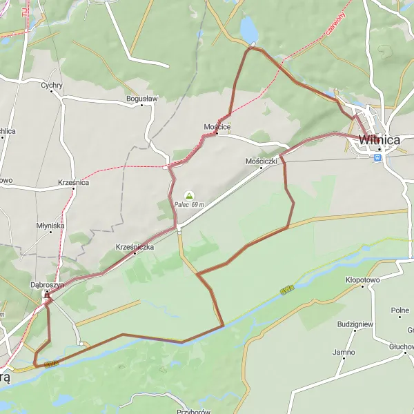 Map miniature of "The Witnica Adventure" cycling inspiration in Lubuskie, Poland. Generated by Tarmacs.app cycling route planner