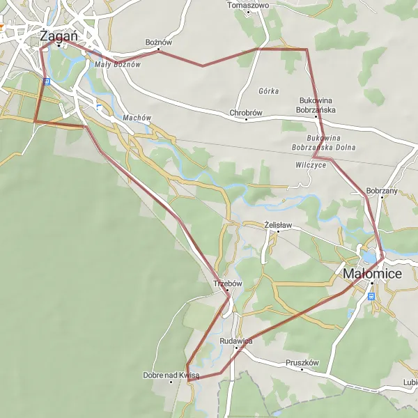 Map miniature of "Żagań Gravel Adventure" cycling inspiration in Lubuskie, Poland. Generated by Tarmacs.app cycling route planner