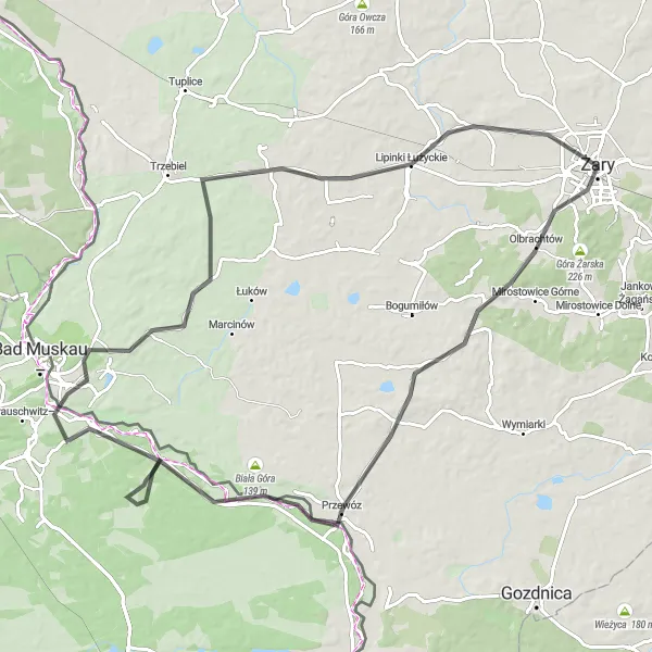 Miniatura mapy "Szlak przez malownicze Łużyce" - trasy rowerowej w Lubuskie, Poland. Wygenerowane przez planer tras rowerowych Tarmacs.app