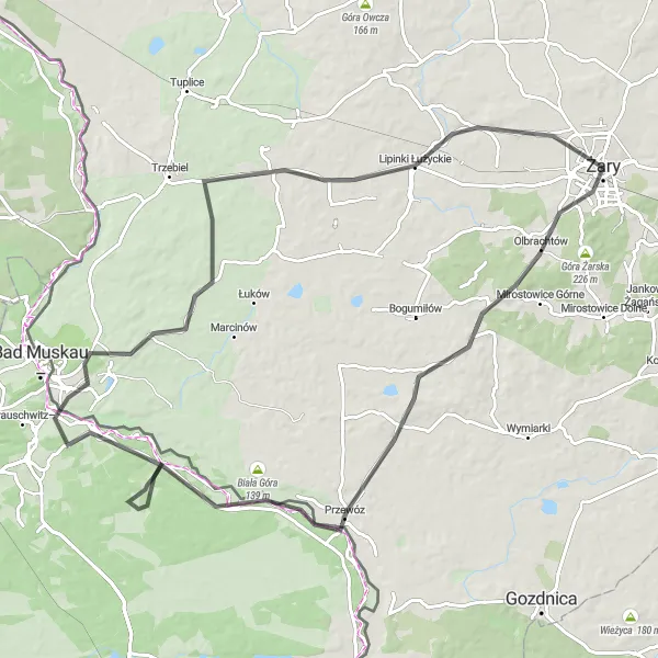 Map miniature of "The Olbrachtów Road Trip" cycling inspiration in Lubuskie, Poland. Generated by Tarmacs.app cycling route planner