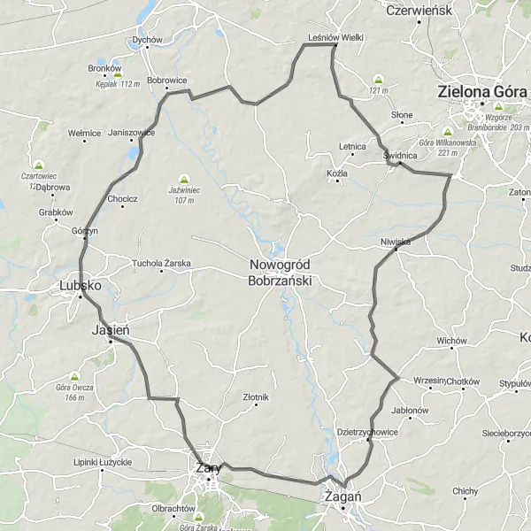 Map miniature of "Żary to Żary Loop" cycling inspiration in Lubuskie, Poland. Generated by Tarmacs.app cycling route planner