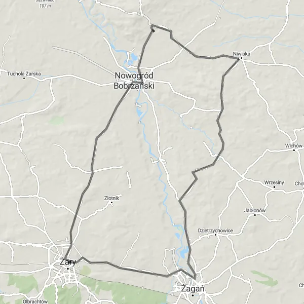 Map miniature of "Włostów Challenge" cycling inspiration in Lubuskie, Poland. Generated by Tarmacs.app cycling route planner