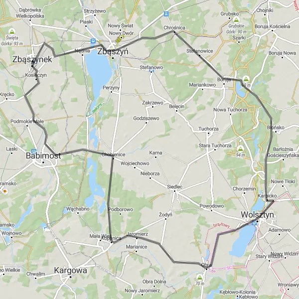 Map miniature of "Exploring Wolsztyn - Lakes and Castles" cycling inspiration in Lubuskie, Poland. Generated by Tarmacs.app cycling route planner