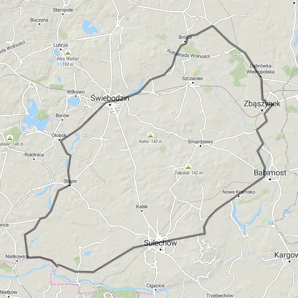 Map miniature of "Challenging Road Cycling - Hills and Nature" cycling inspiration in Lubuskie, Poland. Generated by Tarmacs.app cycling route planner