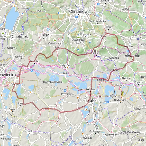 Map miniature of "Around Alwernia - Gravel Adventure" cycling inspiration in Małopolskie, Poland. Generated by Tarmacs.app cycling route planner