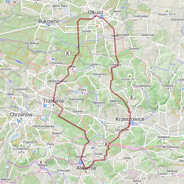 Miniatura mapy "Trasa Alwernia-Grzmiączka-Olkusz" - trasy rowerowej w Małopolskie, Poland. Wygenerowane przez planer tras rowerowych Tarmacs.app