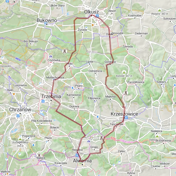 Map miniature of "Trzebinia Adventure" cycling inspiration in Małopolskie, Poland. Generated by Tarmacs.app cycling route planner