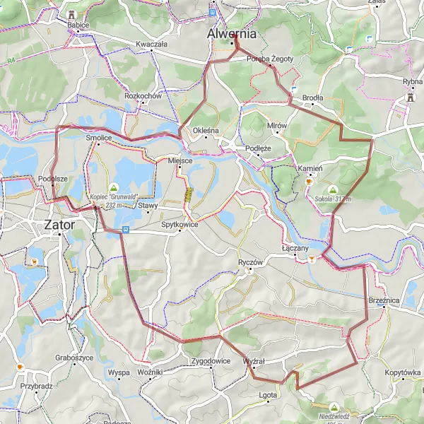 Map miniature of "Zator Loop" cycling inspiration in Małopolskie, Poland. Generated by Tarmacs.app cycling route planner