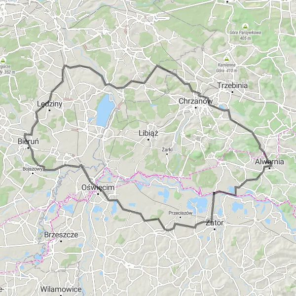 Map miniature of "Journey to Oświęcim" cycling inspiration in Małopolskie, Poland. Generated by Tarmacs.app cycling route planner