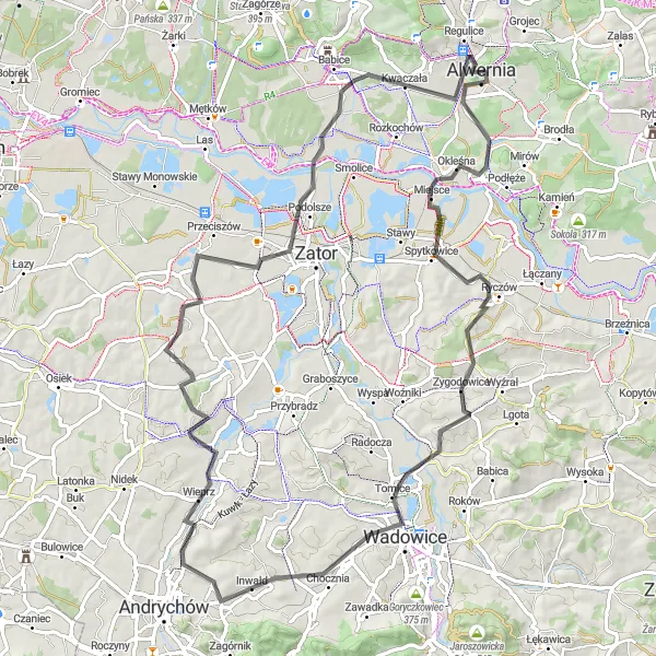 Map miniature of "Winding Roads to Wadowice" cycling inspiration in Małopolskie, Poland. Generated by Tarmacs.app cycling route planner