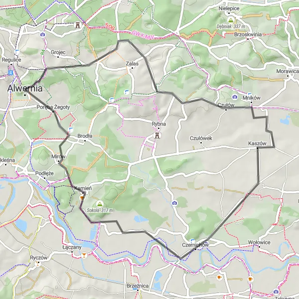 Map miniature of "Scenic Ride to Góra Chełm" cycling inspiration in Małopolskie, Poland. Generated by Tarmacs.app cycling route planner