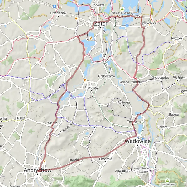 Map miniature of "Lake and Countryside Gravel Ride" cycling inspiration in Małopolskie, Poland. Generated by Tarmacs.app cycling route planner