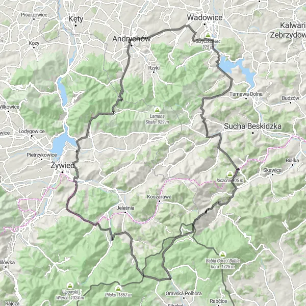 Map miniature of "Journey through Inwałd and Sopotnia" cycling inspiration in Małopolskie, Poland. Generated by Tarmacs.app cycling route planner