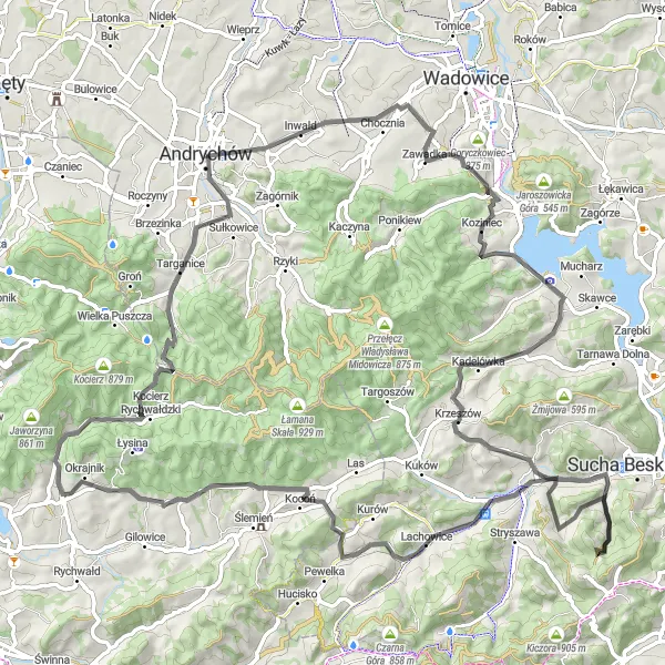 Map miniature of "Hills and Villages Circuit" cycling inspiration in Małopolskie, Poland. Generated by Tarmacs.app cycling route planner