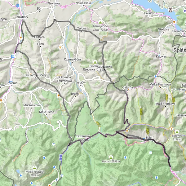 Map miniature of "Tatra Panorama" cycling inspiration in Małopolskie, Poland. Generated by Tarmacs.app cycling route planner