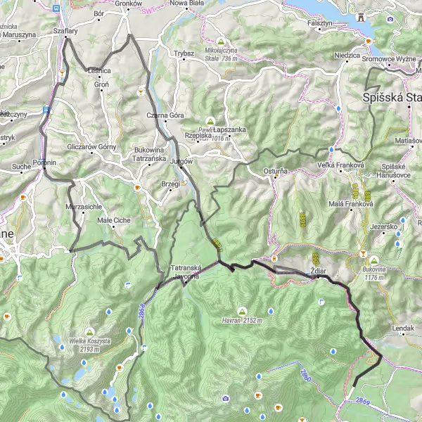 Map miniature of "Tatra Road Cycling Escape" cycling inspiration in Małopolskie, Poland. Generated by Tarmacs.app cycling route planner