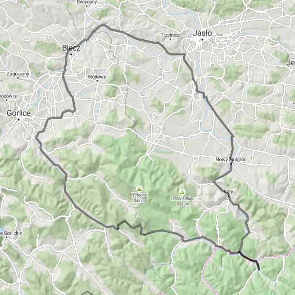 Map miniature of "Scenic Road Cycling in Biecz" cycling inspiration in Małopolskie, Poland. Generated by Tarmacs.app cycling route planner