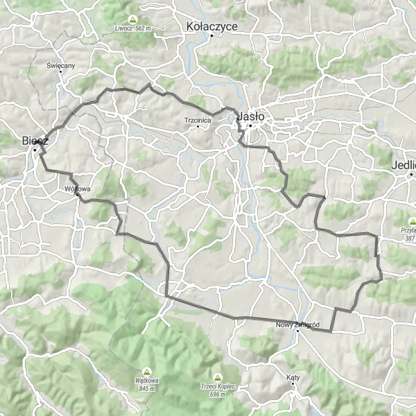 Map miniature of "Biecz and Surroundings" cycling inspiration in Małopolskie, Poland. Generated by Tarmacs.app cycling route planner