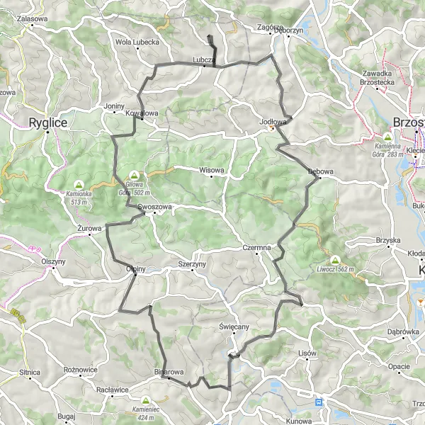 Map miniature of "Road Challenge Amongst Hills" cycling inspiration in Małopolskie, Poland. Generated by Tarmacs.app cycling route planner