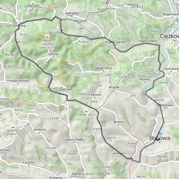 Map miniature of "Upland Adventure" cycling inspiration in Małopolskie, Poland. Generated by Tarmacs.app cycling route planner