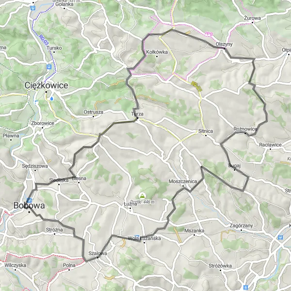 Map miniature of "Beskid Bobowski Loop" cycling inspiration in Małopolskie, Poland. Generated by Tarmacs.app cycling route planner