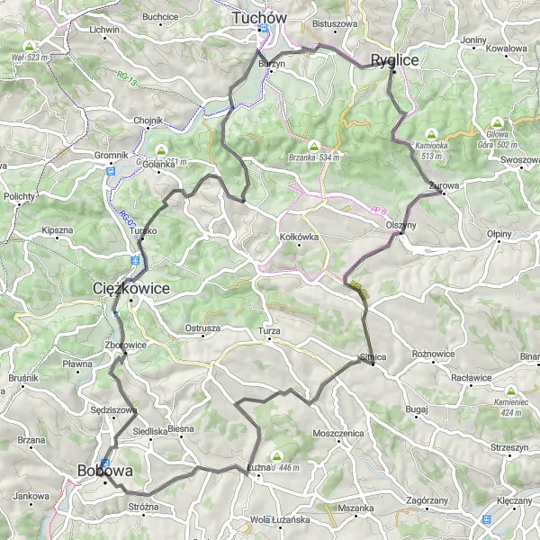 Map miniature of "Bobowa and the Surrounding Villages" cycling inspiration in Małopolskie, Poland. Generated by Tarmacs.app cycling route planner