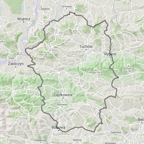 Map miniature of "Beskid Bobowski Grand Tour" cycling inspiration in Małopolskie, Poland. Generated by Tarmacs.app cycling route planner