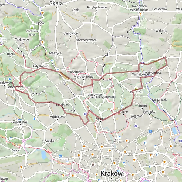 Miniatura mapy "Trasa do Korzkiew i Zelkowa" - trasy rowerowej w Małopolskie, Poland. Wygenerowane przez planer tras rowerowych Tarmacs.app