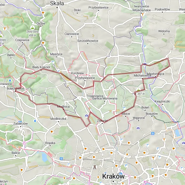 Map miniature of "Gravel Cycling Route to Biała Góra" cycling inspiration in Małopolskie, Poland. Generated by Tarmacs.app cycling route planner