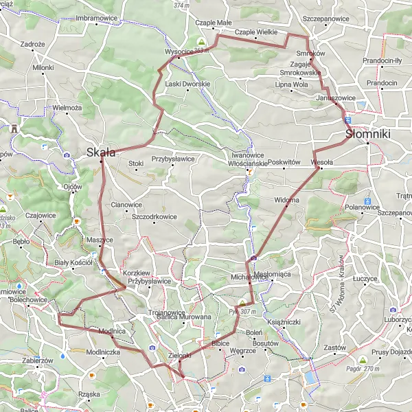 Miniatura mapy "Trasa Gravelowa Łysa Góra" - trasy rowerowej w Małopolskie, Poland. Wygenerowane przez planer tras rowerowych Tarmacs.app