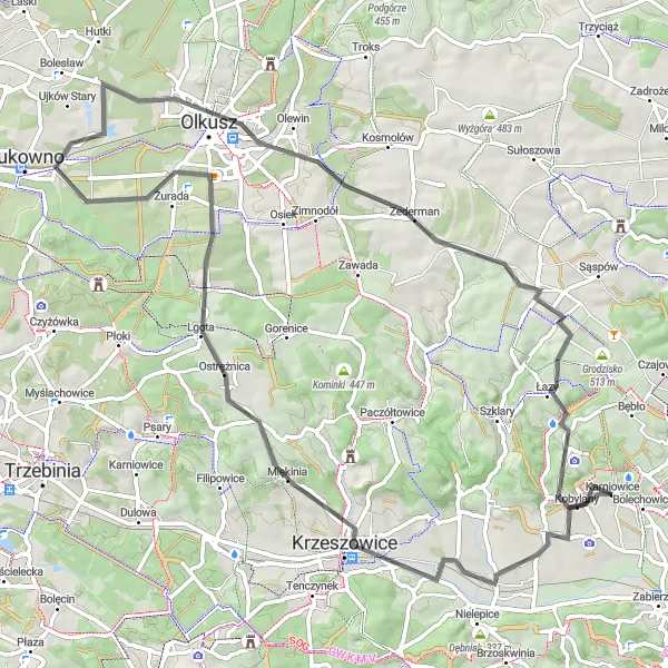 Map miniature of "Road Cycling Route to Dębowa Góra" cycling inspiration in Małopolskie, Poland. Generated by Tarmacs.app cycling route planner