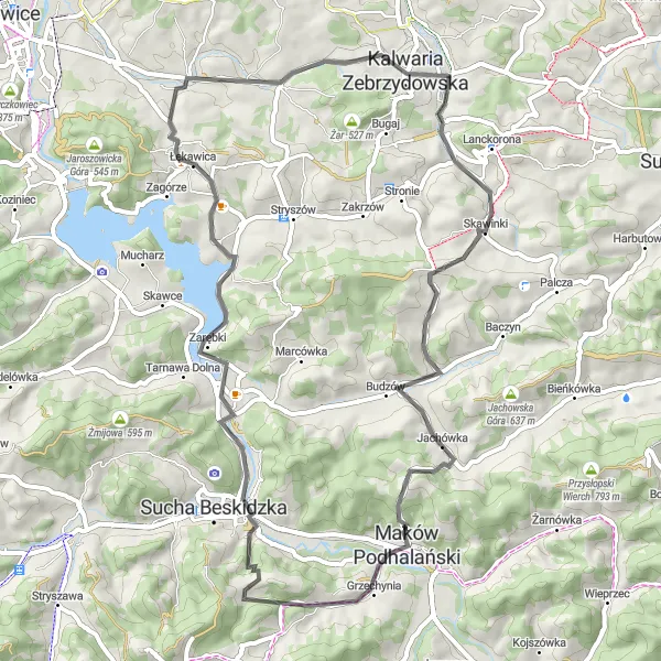 Map miniature of "Jachówka Challenge" cycling inspiration in Małopolskie, Poland. Generated by Tarmacs.app cycling route planner