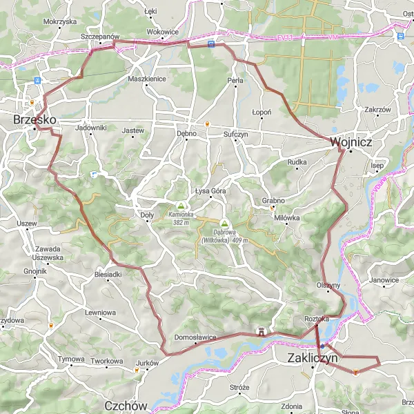 Map miniature of "Springs and Gorges of Brzesko" cycling inspiration in Małopolskie, Poland. Generated by Tarmacs.app cycling route planner