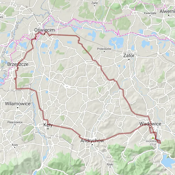 Map miniature of "Oświęcim Gravel Challenge" cycling inspiration in Małopolskie, Poland. Generated by Tarmacs.app cycling route planner