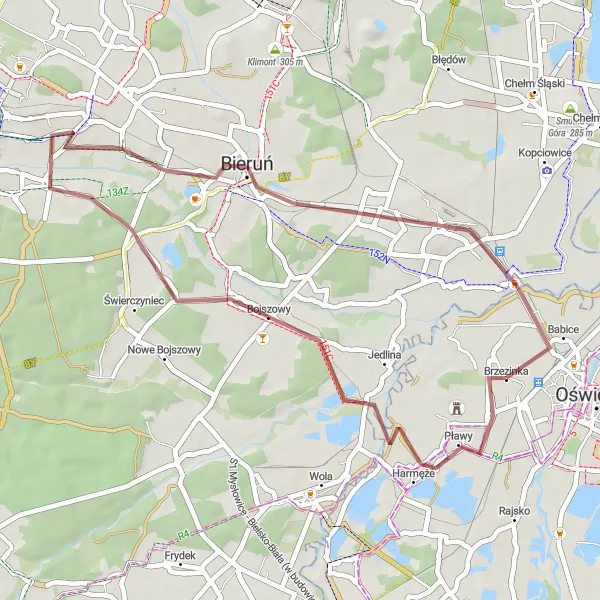 Map miniature of "Bojszowy and Cielmice Exploration" cycling inspiration in Małopolskie, Poland. Generated by Tarmacs.app cycling route planner