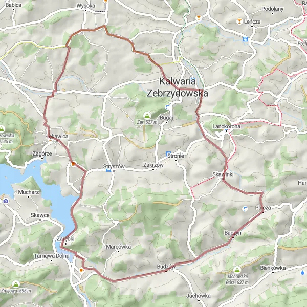 Map miniature of "Budzów - Jezioro Mucharskie - Brody" cycling inspiration in Małopolskie, Poland. Generated by Tarmacs.app cycling route planner