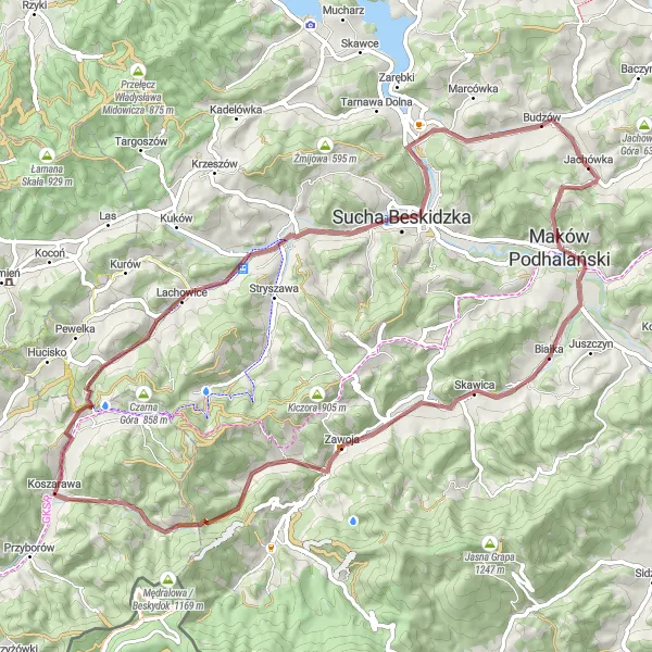 Map miniature of "Budzów - Sarnia - Przełęcz Klekociny - Trzy Kopce" cycling inspiration in Małopolskie, Poland. Generated by Tarmacs.app cycling route planner