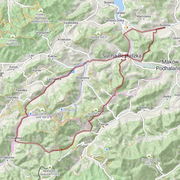 Miniatura mapy "Szlak Gravelowy przez Góry" - trasy rowerowej w Małopolskie, Poland. Wygenerowane przez planer tras rowerowych Tarmacs.app