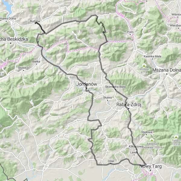 Map miniature of "Zywiec Passes and Valleys" cycling inspiration in Małopolskie, Poland. Generated by Tarmacs.app cycling route planner