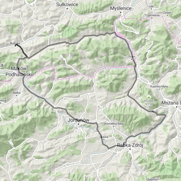 Map miniature of "Budzów - Tenczyn - Raba Niżna - Sarnia" cycling inspiration in Małopolskie, Poland. Generated by Tarmacs.app cycling route planner