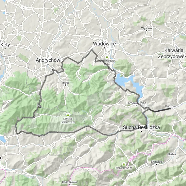 Map miniature of "Breathtaking Views of Małopolskie" cycling inspiration in Małopolskie, Poland. Generated by Tarmacs.app cycling route planner