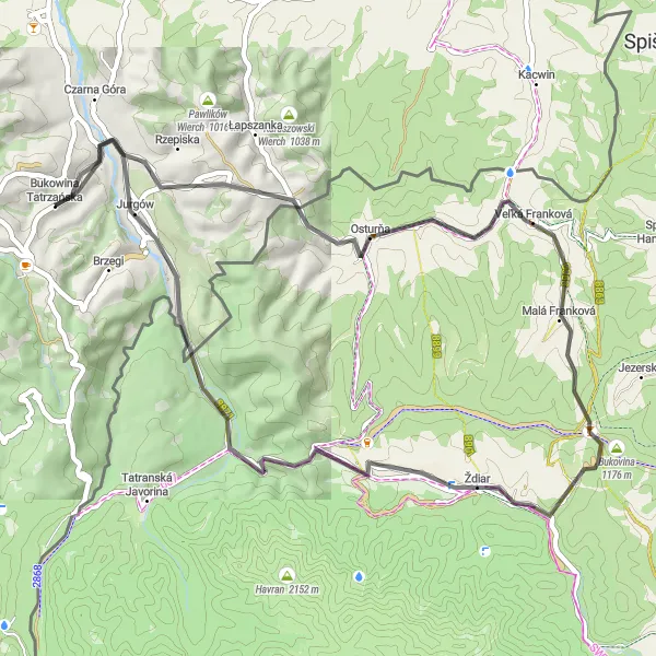 Map miniature of "The Scenic Tour" cycling inspiration in Małopolskie, Poland. Generated by Tarmacs.app cycling route planner