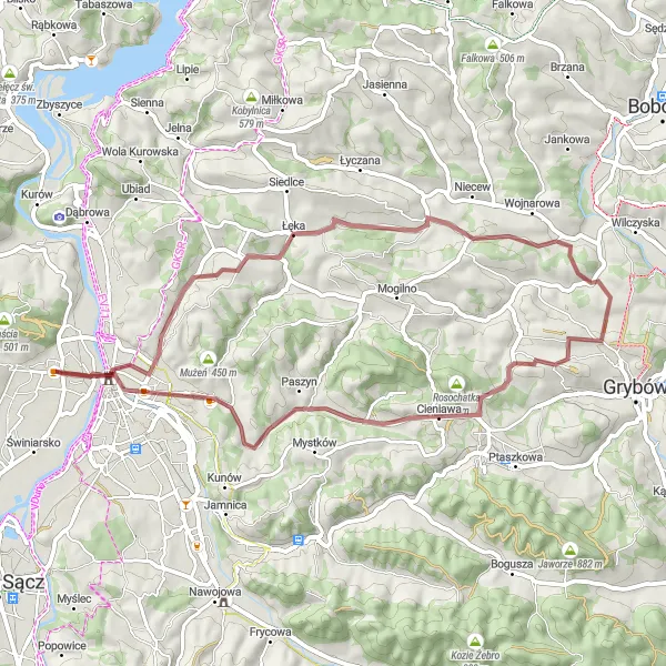 Map miniature of "Gravel Adventure into the Wilderness" cycling inspiration in Małopolskie, Poland. Generated by Tarmacs.app cycling route planner