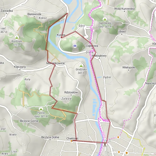 Map miniature of "The Charm of Żama and Chełmiec" cycling inspiration in Małopolskie, Poland. Generated by Tarmacs.app cycling route planner