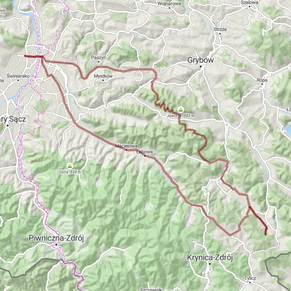 Map miniature of "Chełmiec Gravel Adventure" cycling inspiration in Małopolskie, Poland. Generated by Tarmacs.app cycling route planner