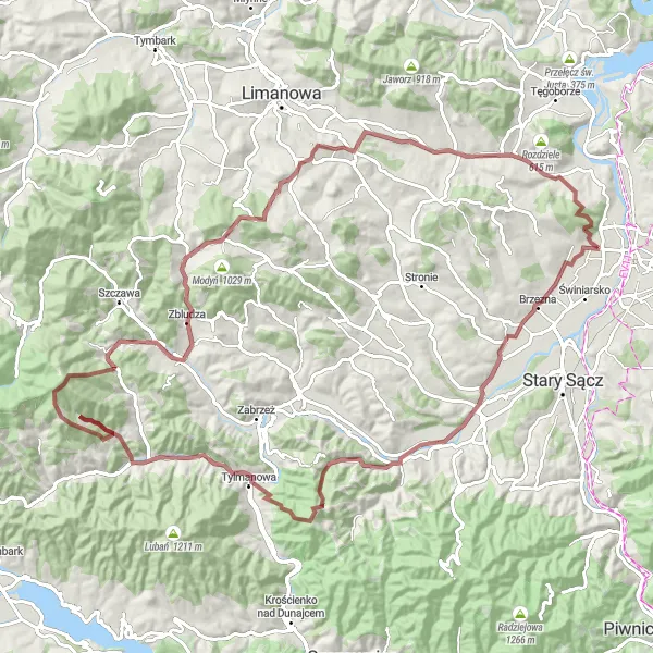 Map miniature of "Gorcowska Epic Gravel Ride" cycling inspiration in Małopolskie, Poland. Generated by Tarmacs.app cycling route planner